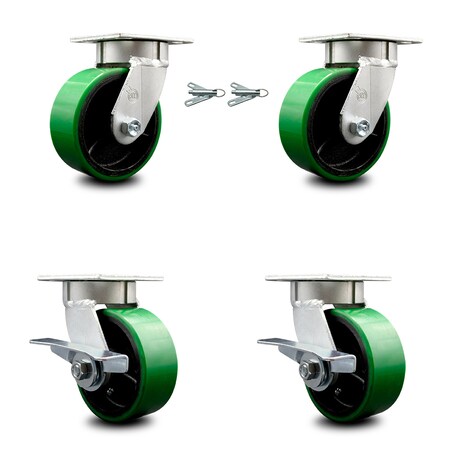 Service Caster 5 Inch Kingpinless Green Poly on Steel Wheel Caster Swivel Locks 2 Brakes, 2PK SCC-KP30S520-PUR-GB-BSL-2-SLB-2